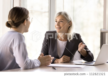 Mature businesslady negotiates to partner in office Mature businesslady negotiates to partner in office 112821321