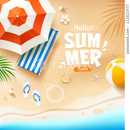 Beach umbrella and beach canvas bed, coconut leaf, beach ball, summer poster Beach umbrella and beach canvas bed, coconut leaf, beach ball, summer poster 112821477