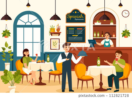 Spanish Restaurant Vector Illustration with Various of Food Menu Traditional Dish Typical Recipe and Cuisine in Flat Cartoon Background Design 112821728
