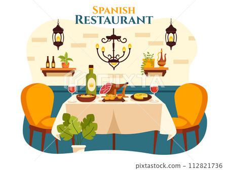 Spanish Restaurant Vector Illustration with Various of Food Menu Traditional Dish Typical Recipe and Cuisine in Flat Cartoon Background Design 112821736