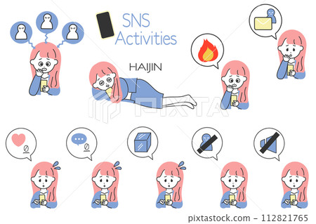 Convenient for creating illustrations of SNS operation! A set of speech bubble icons and a woman in a suit who is struggling with SNS 112821765