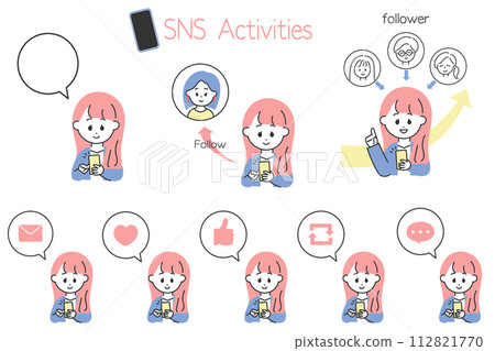 Convenient for creating illustrations of SNS operation! A set of speech bubble icons with a woman in a suit enjoying SNS 112821770