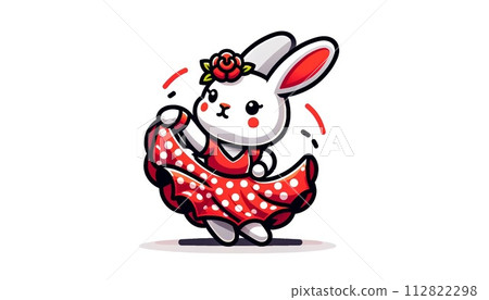 一隻穿著圓點服裝和跳舞弗拉門戈的兔子的插圖 112822298