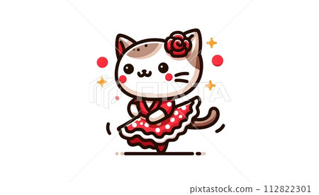 Illustration of a cat wearing a polka dot costume and dancing flamenco 112822301