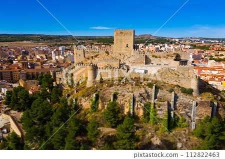 Fly over Almansa castle. City of Almansa. Spain 112822463