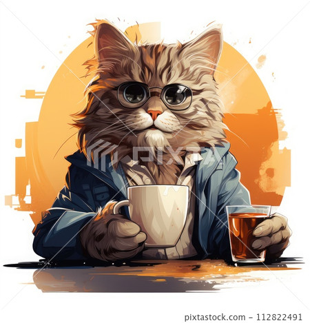 Cute cat with a cup of coffee in his hand. 112822491