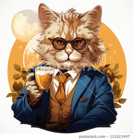 Funny cat in a suit with a glass of beer. 112822497