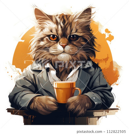 Cute cat with a cup of coffee in his hand. Cute cat with a cup of coffee in his hand. 112822505