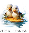 Two ducklings swimming on an inflatable ring. 112822509