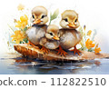 Cute little ducklings in a boat on the water with flowers 112822510