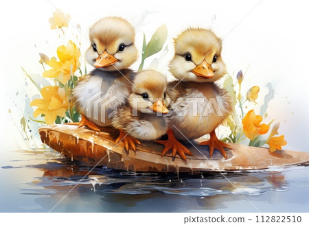 Cute little ducklings in a boat on the water with flowers 112822510