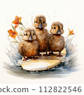 Three ducklings on a surfboard in the water. 112822546