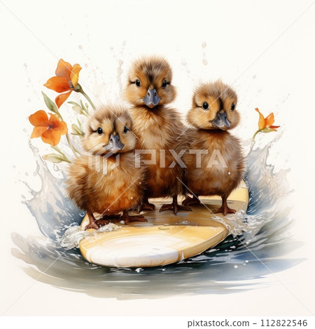 Three ducklings on a surfboard in the water. 112822546