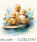 Cute ducklings on a surfboard, watercolor painting. 112822547