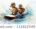 Two ducklings in a surfboard on the background of the waves 112822549