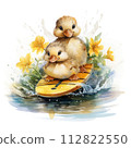Watercolor image of two cute ducklings on a boat with yellow flowers 112822550
