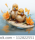 Two yellow ducklings on a surfboard in the water with flowers 112822551