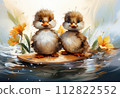 Illustration of two little ducklings on a boat in the water 112822552