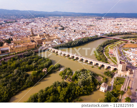 Aerial view of Cordoba with Roman Bridge and Mosque-Cathedral 112822593