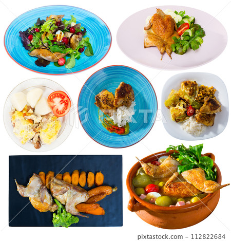 Dishes with cooked fried chicken and baked quail with different vegetables Dishes with cooked fried chicken and baked quail with different vegetables 112822684