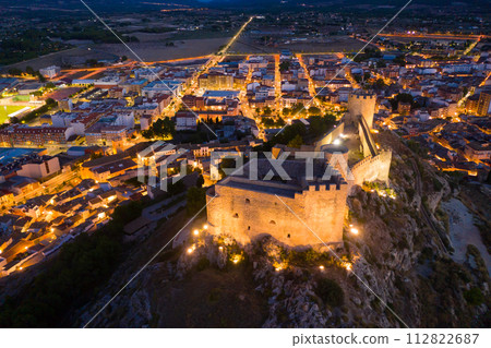 Evening aerial view of town of Castalla and the medieval castle. Spain 112822687