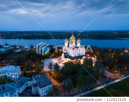 View from drone of Yaroslavl Assumption cathedral at night 112823128