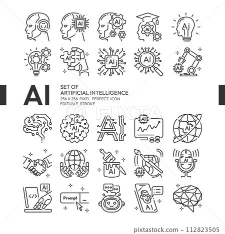 AI Artificial intelligence blue line icon set with cybernetic, machine learning, robotic, AI solving, algorithm and AI technology concept more, 256x256 pixel perfect icon vector, editable stroke AI Artificial intelligence blue line icon set with cybernetic, machine learning, robotic, AI solving, algorithm and AI technology concept more, 256x256 pixel perfect icon vector, editable stroke 112823505