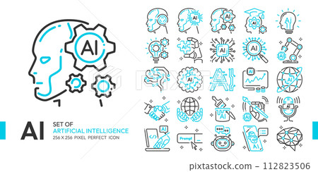 AI Artificial intelligence blue line icon set with cybernetic, machine learning, robotic, AI solving, algorithm and AI technology concept more, 256x256 pixel perfect icon vector, editable stroke AI Artificial intelligence blue line icon set with cybernetic, machine learning, robotic, AI solving, algorithm and AI technology concept more, 256x256 pixel perfect icon vector, editable stroke 112823506