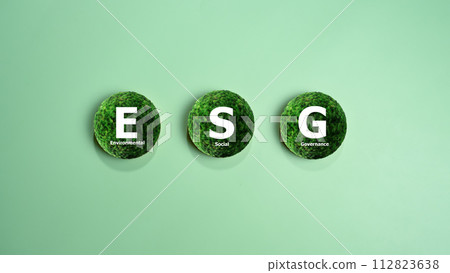 ESG concepts for sustainable environment, society and governance Businesses are environmentally responsible, A circular wooden board with the abbreviation ESG printed on a green background. 112823638
