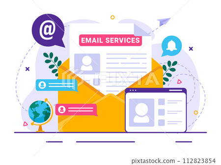 Email Service Vector Illustration with File Correspondence Delivery, Electronic Mail Message and Business Marketing in Flat Cartoon Background Email Service Vector Illustration with File Correspondence Delivery, Electronic Mail Message and Business Marketing in Flat Cartoon Background 112823854