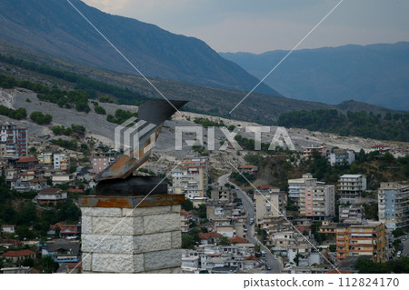 City of Gjirokaster in Southern Albania. Old Town is a UNESCO World Heritage Site. Closeup of Architectural Buildings. City of Gjirokaster in Southern Albania. Old Town is a UNESCO World Heritage Site. Closeup of Architectural Buildings. 112824170