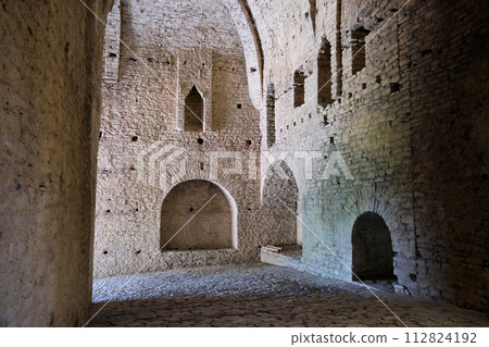 City of Gjirokaster in Southern Albania. Old Town is a UNESCO World Heritage Site. Closeup of Architectural Buildings. 112824192
