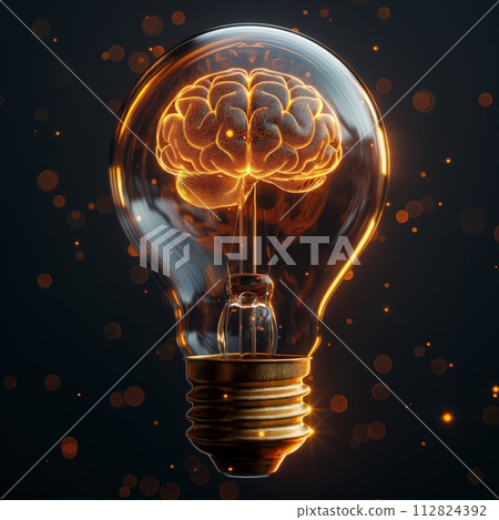 A digital illustration of a glowing brain inside a clear light bulb against a dark background with floating sparks. Creative Idea concept symbolizing innovation, solution. 112824392