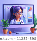 A friendly female healthcare professional doctor ready for a telehealth consultation through a virtual visit computer interface. Telehealth and virtual visit concept. 112824398