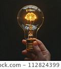 A human hand holds a light bulb glowing with a brain shape, representing creativity, innovation, and inspiration. 112824399