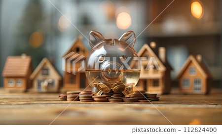 A transparent piggy bank filled with coins stands in focus, with blurred miniature houses in the background, symbolizing home loan real estate investment savings. 112824400