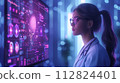 A focused female medical professional doctor reviews complex brain scan imagery on a futuristic digital interface, representing advanced diagnostic technology. 112824401