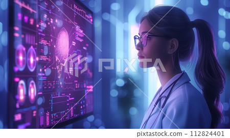 A focused female medical professional doctor reviews complex brain scan imagery on a futuristic digital interface, representing advanced diagnostic technology. A focused female medical professional doctor reviews complex brain scan imagery on a futuristic digital interface, representing advanced diagnostic technology. 112824401
