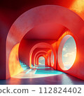 Vibrant red arches create a striking corridor leading to a tranquil ocean view, evoking a sense of futuristic design and serene space. 112824402