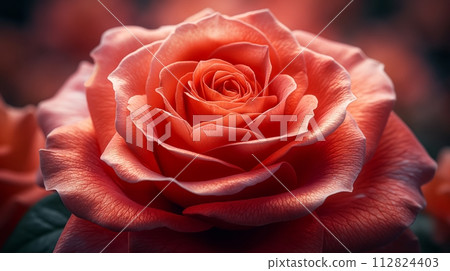Close-Up of a Perfect Coral Rose in Bloom, showcasing the delicate texture of its petals. Close-Up of a Perfect Coral Rose in Bloom, showcasing the delicate texture of its petals. 112824403