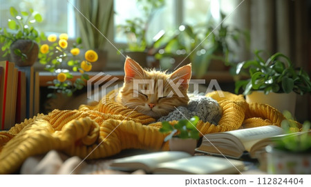 A serene scene with a ginger cat peacefully napping on a vibrant yellow knitted blanket, with houseplants and books in a sunlit room. A serene scene with a ginger cat peacefully napping on a vibrant yellow knitted blanket, with houseplants and books in a sunlit room. 112824404