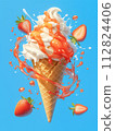 A strawberries topped soft serve ice cream cone with dynamic strawberry sauce splash against a blue backdrop. 112824406