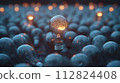 One glowing light bulb with a brain filament stands out in a field of dim, unlit bulbs, symbolizing ideas, innovation, leadership and creativity. 112824408