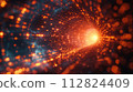 Dynamic image of a digital tunnel made of orange glowing particles, creating a sense of rapid movement and energy in cyberspace. 112824409