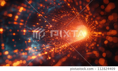 Dynamic image of a digital tunnel made of orange glowing particles, creating a sense of rapid movement and energy in cyberspace. Dynamic image of a digital tunnel made of orange glowing particles, creating a sense of rapid movement and energy in cyberspace. 112824409