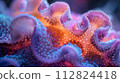 Abstract neon-glowing, jellyfish-like coral forms in a deep-sea environment. 112824418