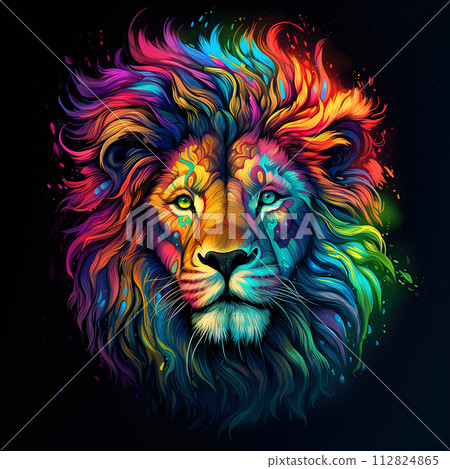 Colorful a lion head on black background. Wild... - Stock Illustration ...
