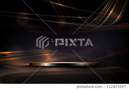 Illustration with podium, shiny tinsel and golden wave Illustration with podium, shiny tinsel and golden wave 112825047