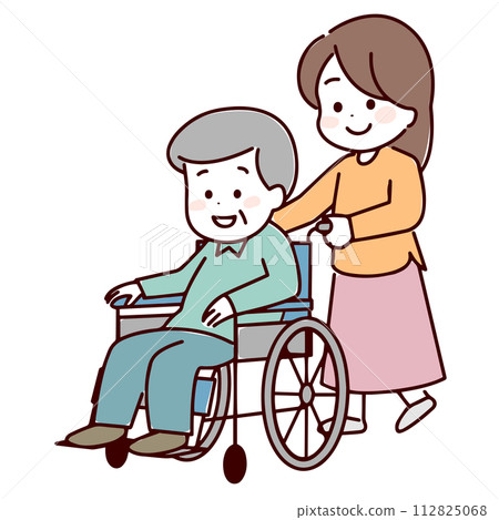 A woman pushing a wheelchair and a smiling senior man 112825068
