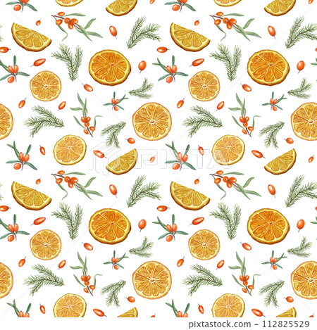 Sea buckthorn, orange and spruce branch. Seamless pattern of berry, fruit slice, greenery. Citrus, berries, evergreen. Ornate isolated on white. Watercolor illustration for textile, package Sea buckthorn, orange and spruce branch. Seamless pattern of berry, fruit slice, greenery. Citrus, berries, evergreen. Ornate isolated on white. Watercolor illustration for textile, package 112825529